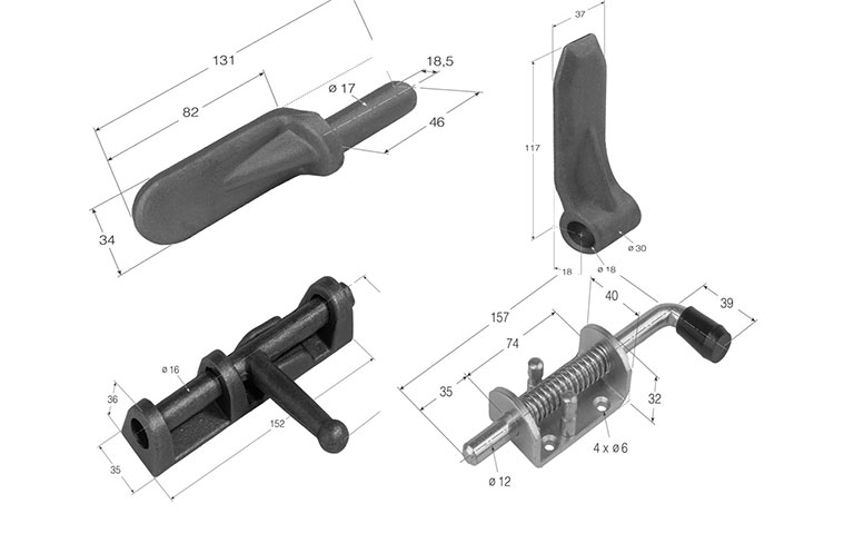 Hinge pings, hinges and bolts