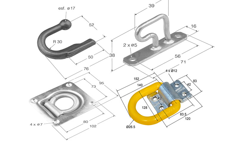 Hooks, lashing rings and rings